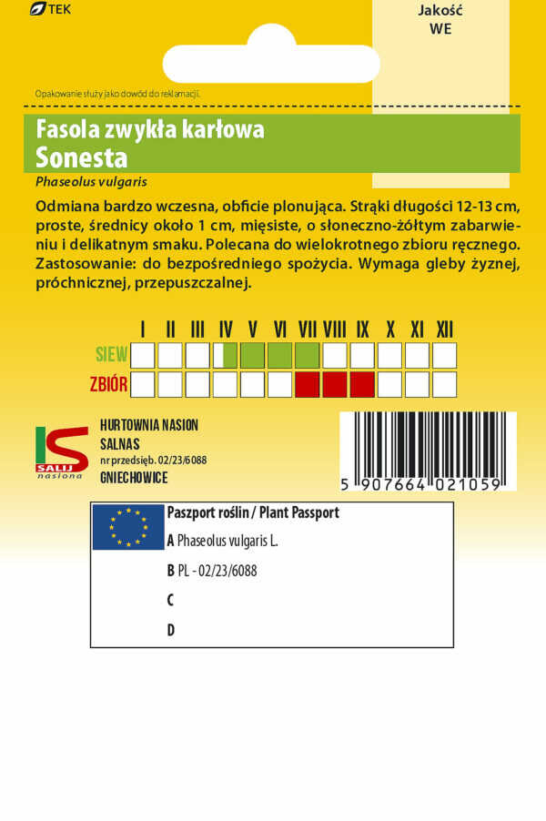 Fasola Sonesta - tył torebki nasion